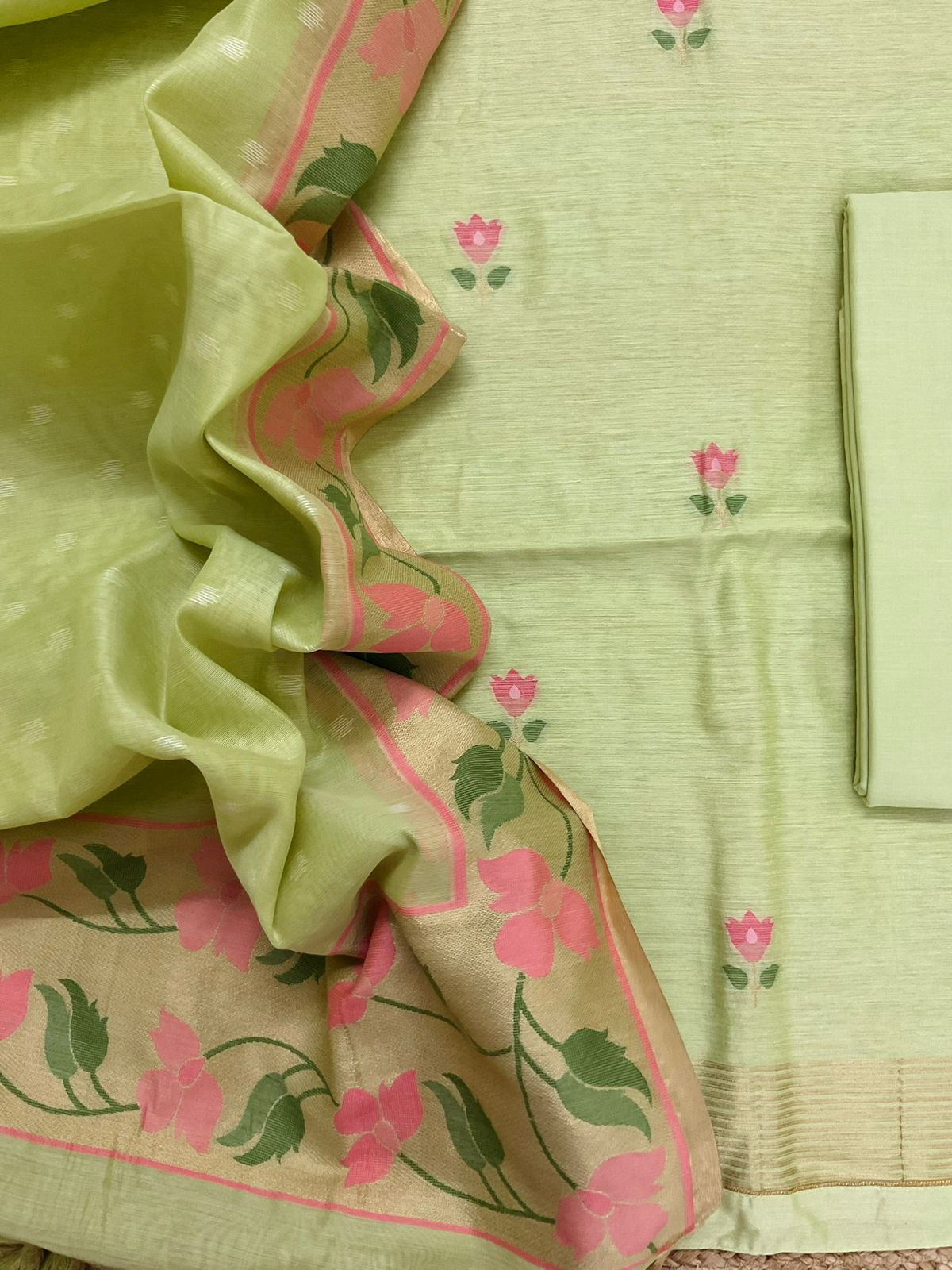 Pure Chanderi Jamdani Weaved Suit - Green