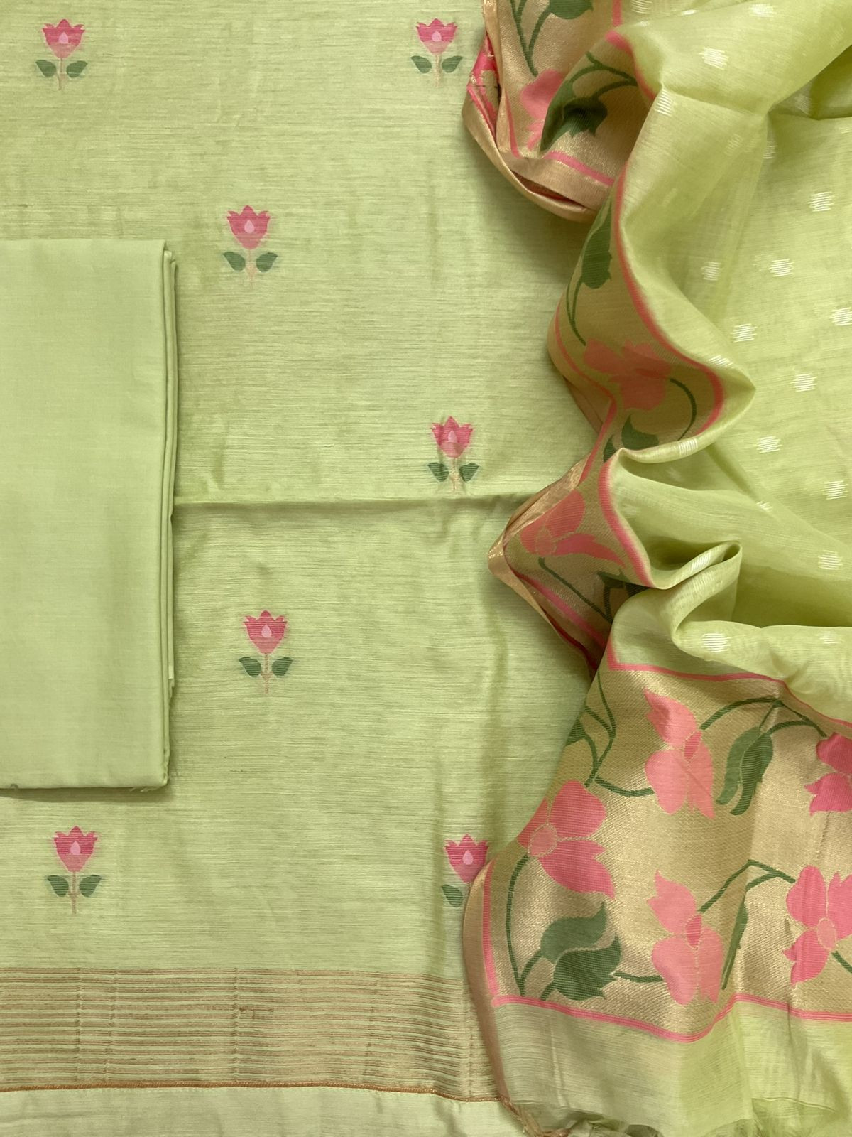 Pure Chanderi Jamdani Weaved Suit - Green