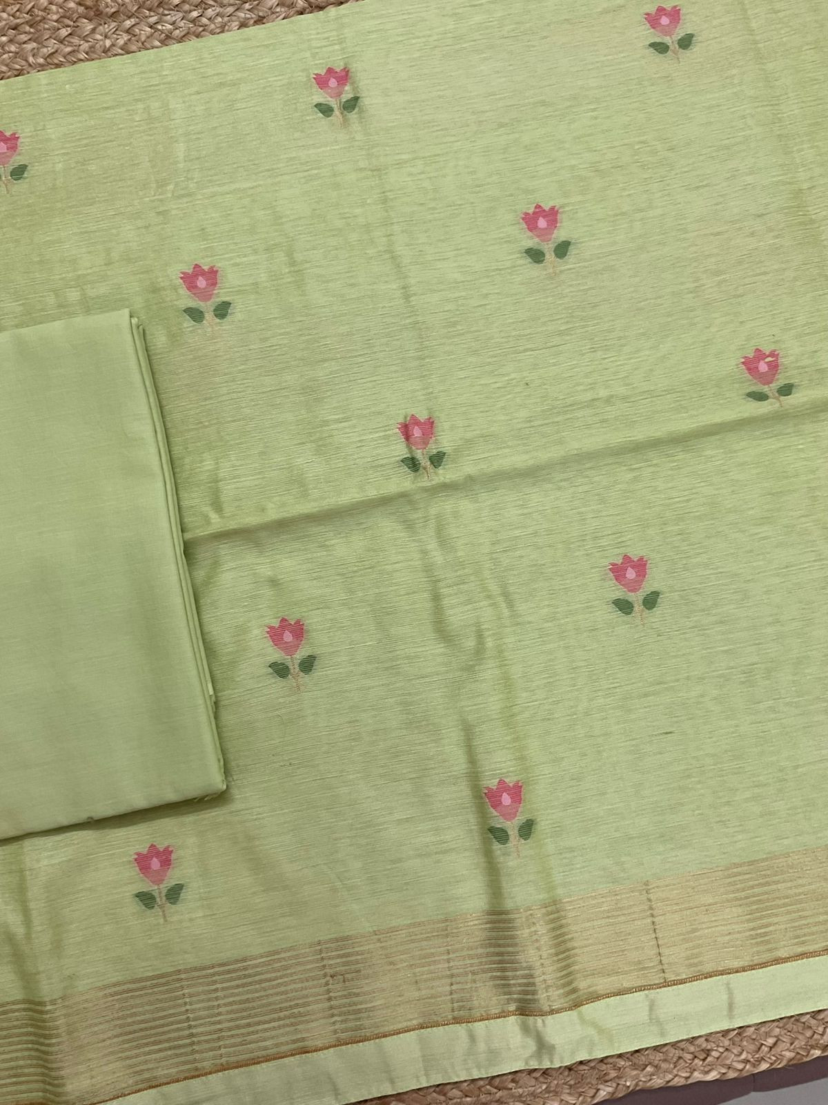 Pure Chanderi Jamdani Weaved Suit - Green