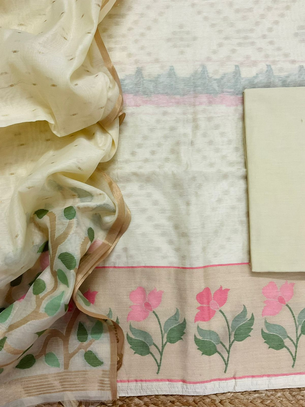 Pure Chanderi Jamdani Weaved Suit - Cream