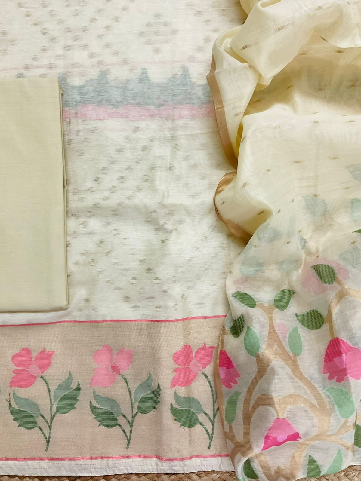 Pure Chanderi Jamdani Weaved Suit - Cream