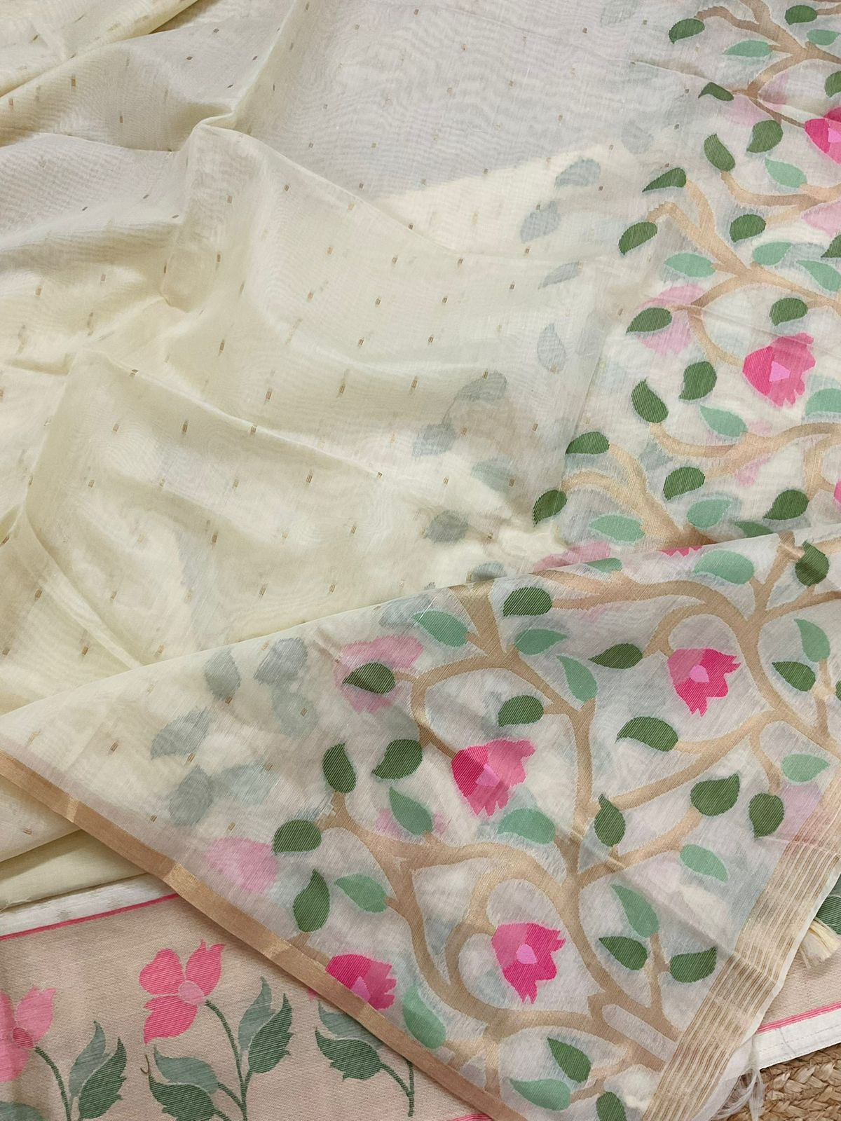 Pure Chanderi Jamdani Weaved Suit - Cream