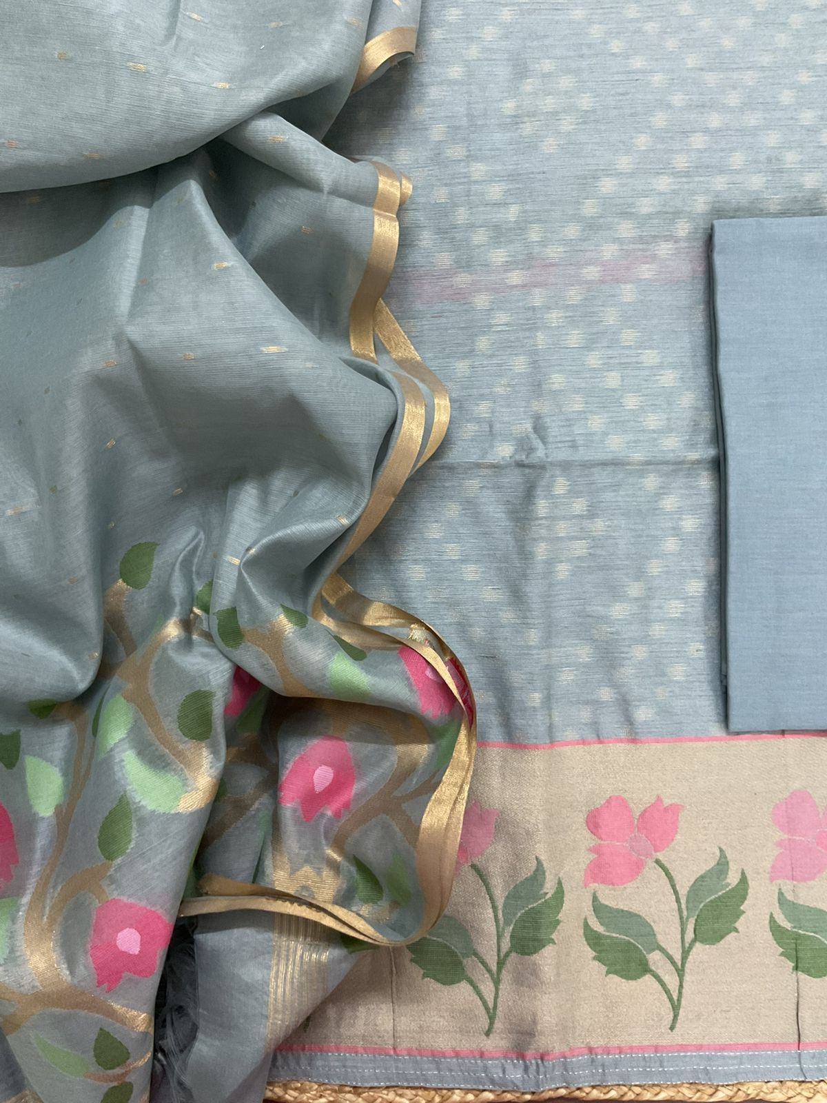 Pure Chanderi Jamdani Weaved Suit - Grey