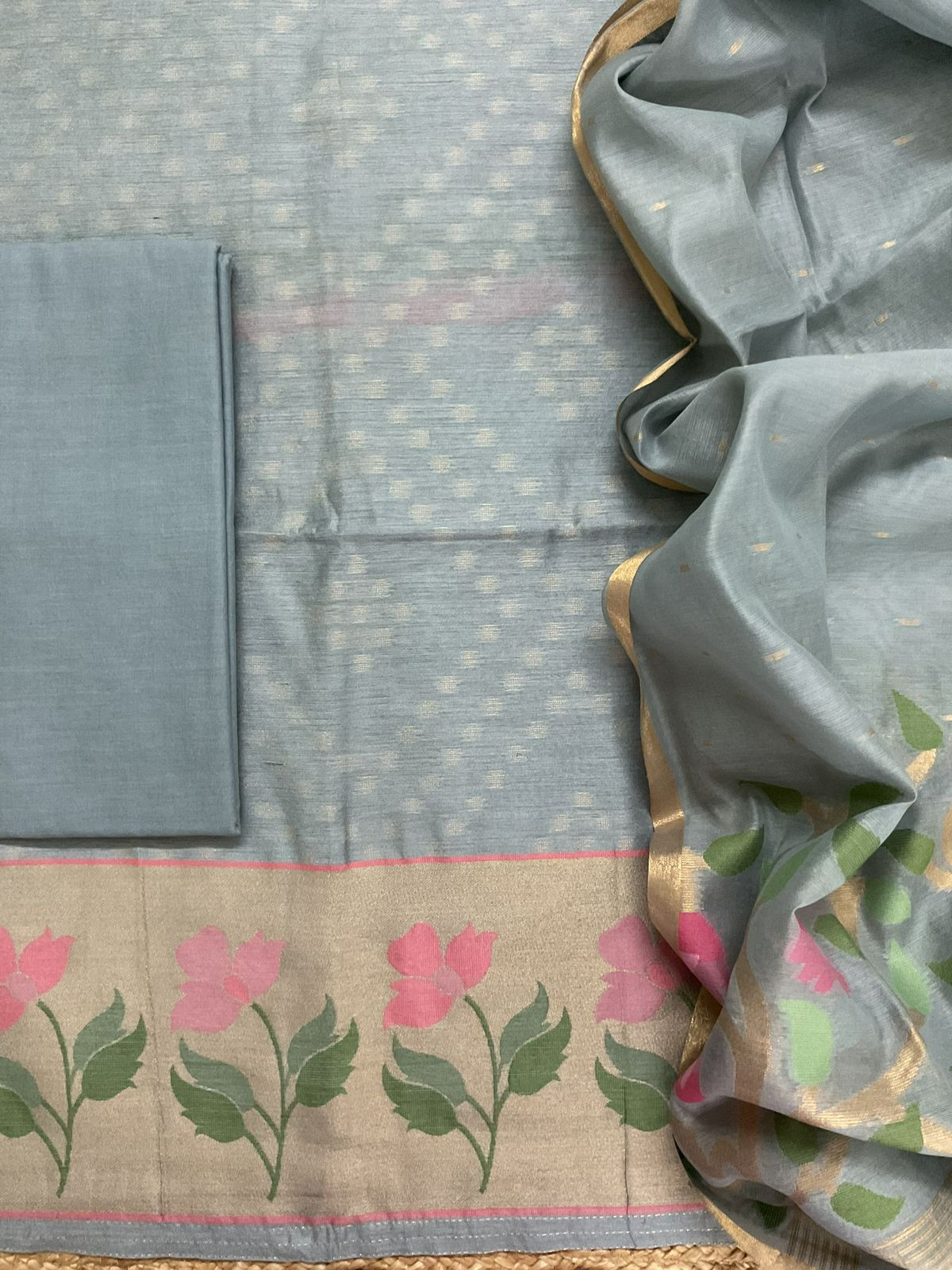 Pure Chanderi Jamdani Weaved Suit - Grey