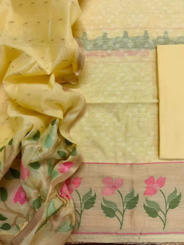 Image of Pure Chanderi Jamdani Weaved Suit - Yellow