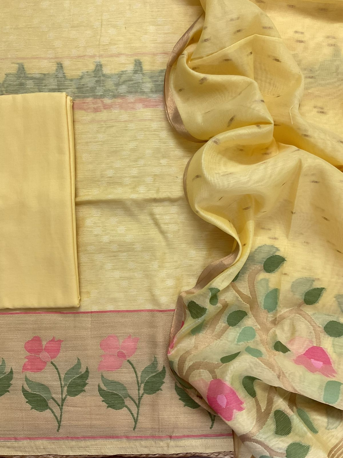 Pure Chanderi Jamdani Weaved Suit - Yellow