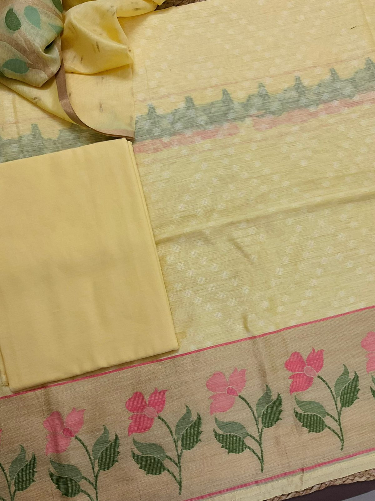 Pure Chanderi Jamdani Weaved Suit - Yellow