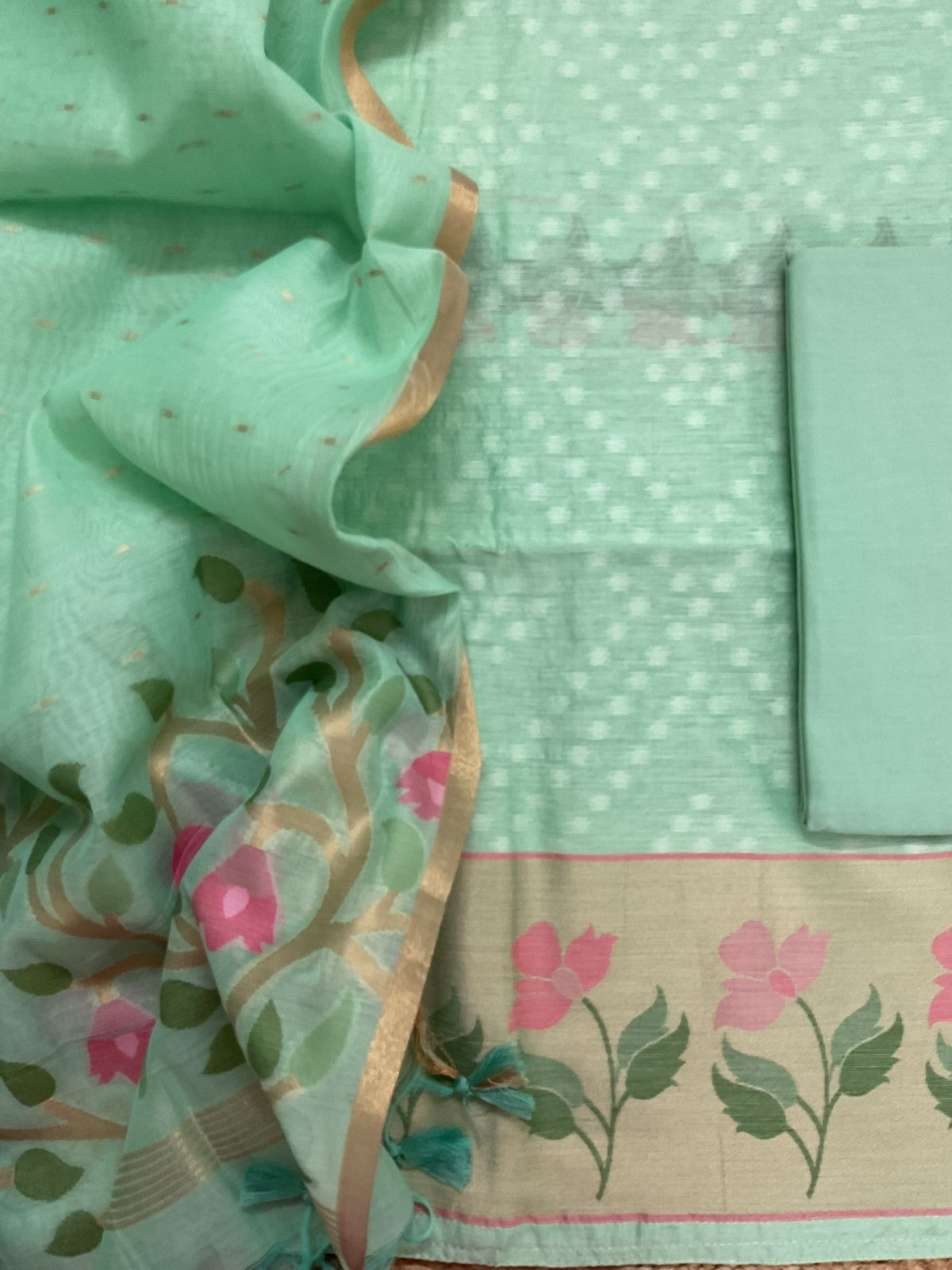 Pure Chanderi Jamdani Weaved Suit - Sea Green