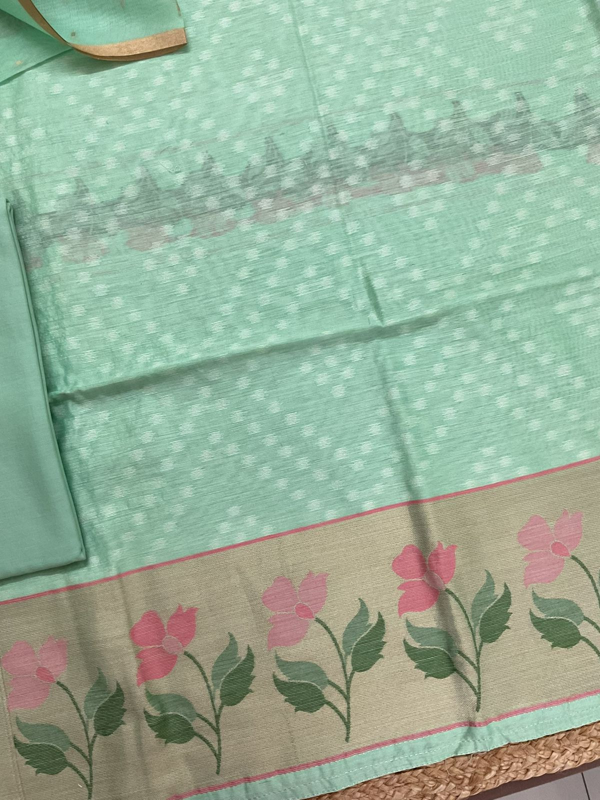 Pure Chanderi Jamdani Weaved Suit - Sea Green