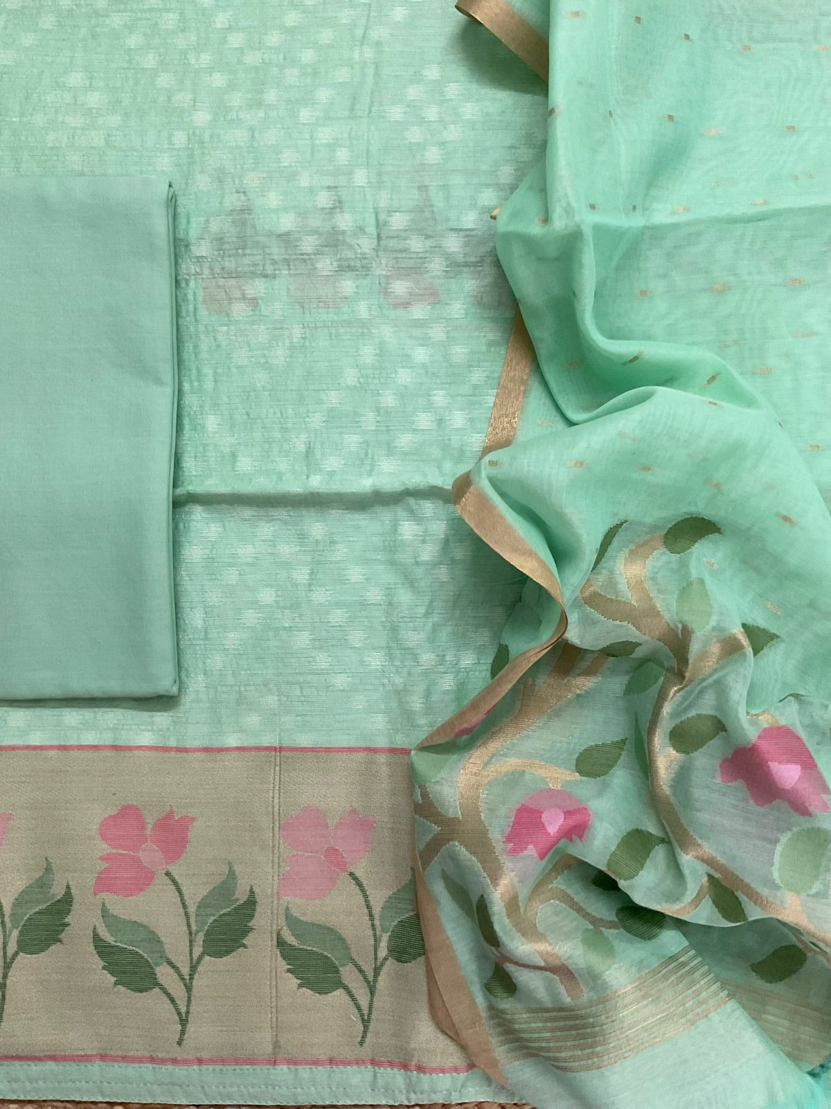 Pure Chanderi Jamdani Weaved Suit - Sea Green