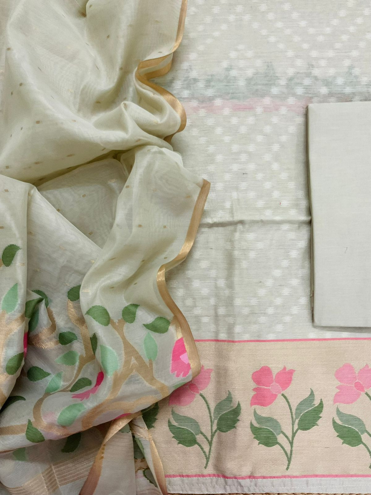 Pure Chanderi Jamdani Weaved Suit - Beige