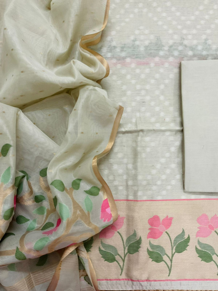 Image of Pure Chanderi Jamdani Weaved Suit - Beige