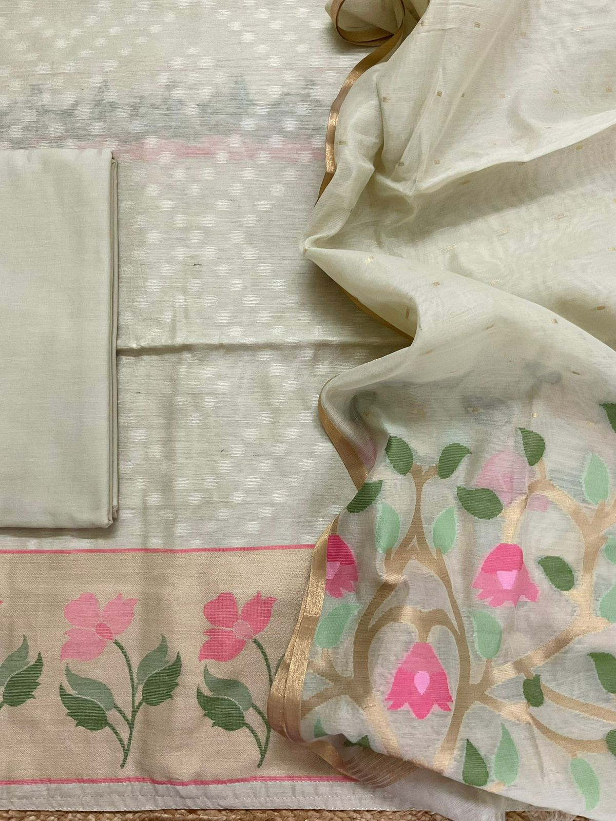 Pure Chanderi Jamdani Weaved Suit - Beige