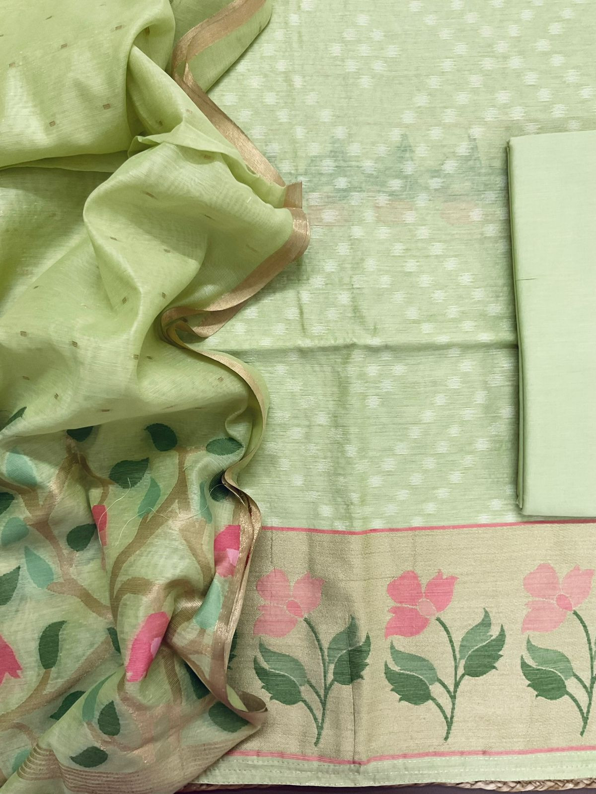 Pure Chanderi Jamdani Weaved Suit - Green