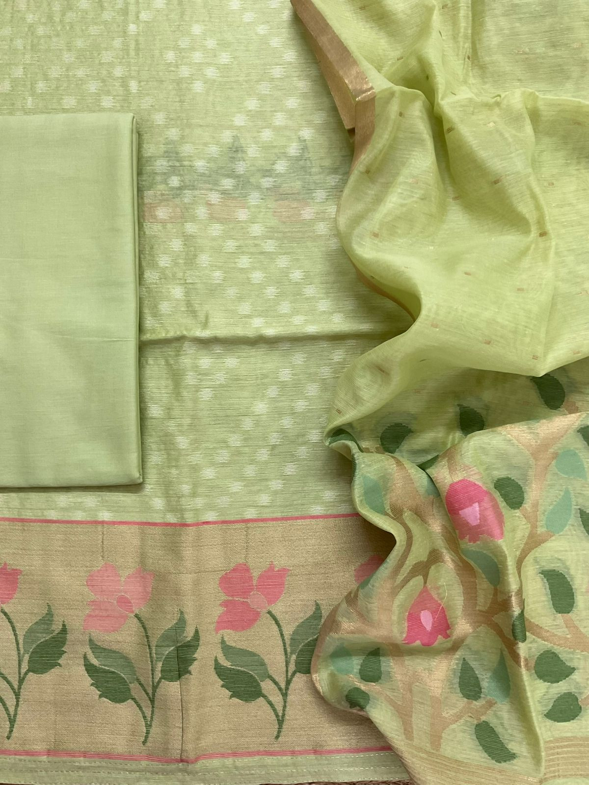 Pure Chanderi Jamdani Weaved Suit - Green