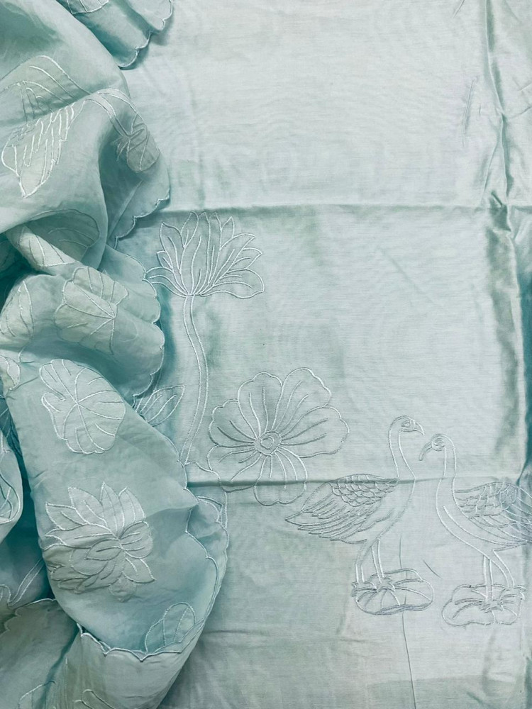 Image of Pure Mul Chanderi Embroidered Suit - Blue