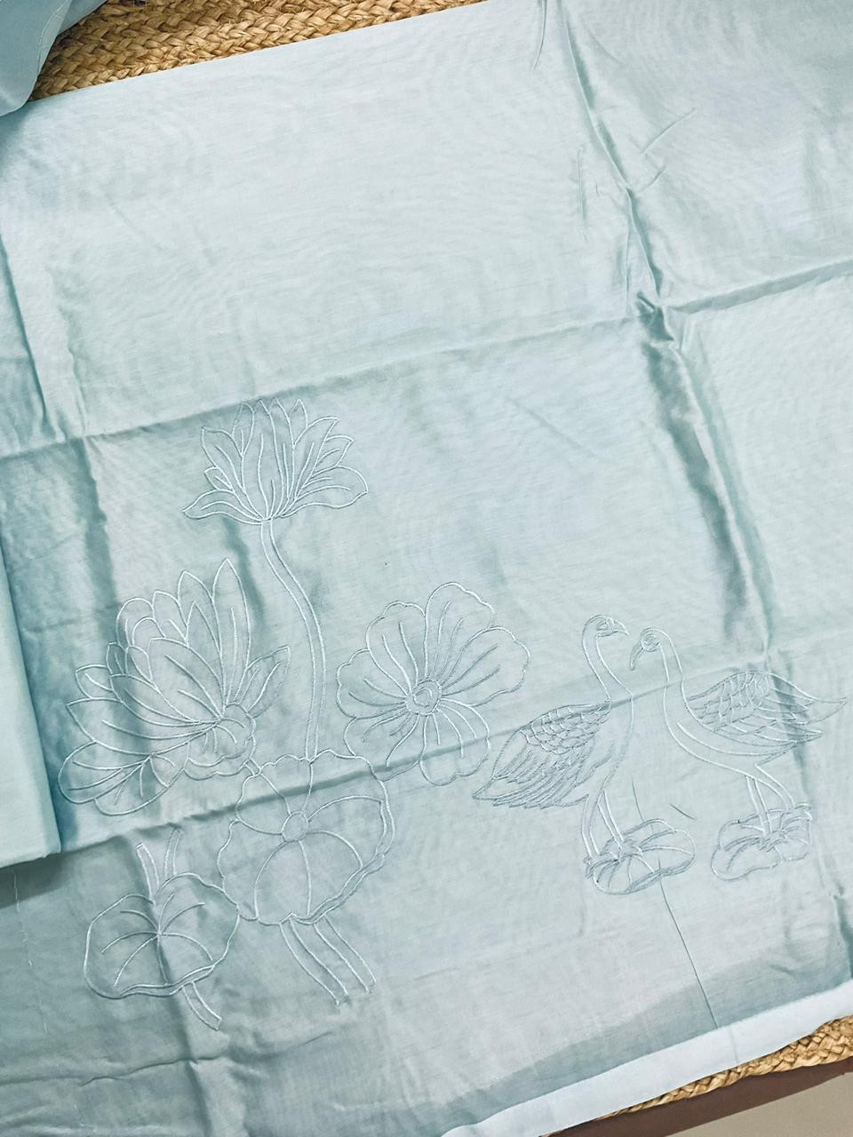 Pure Mul Chanderi Embroidered Suit - Blue