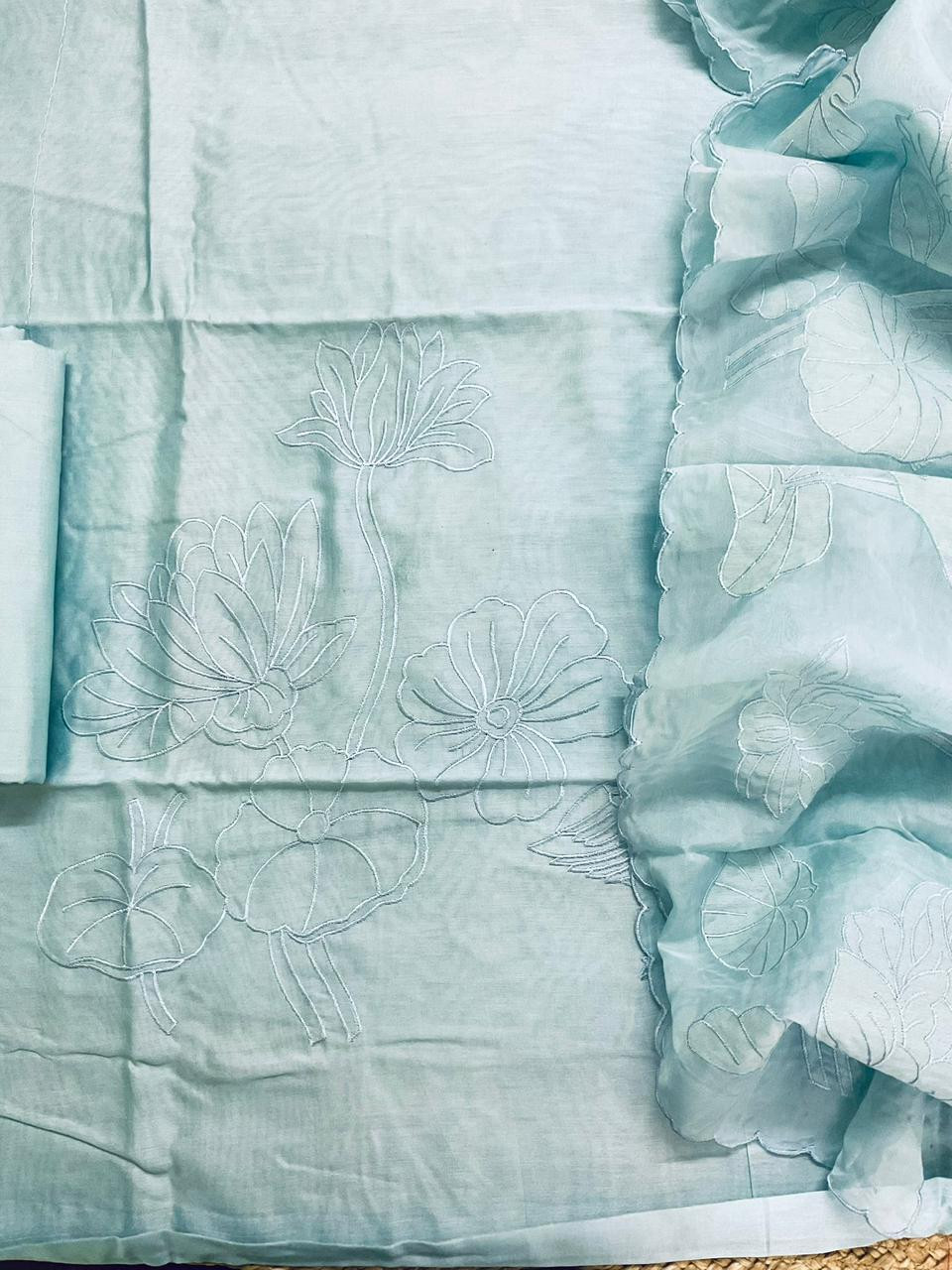 Pure Mul Chanderi Embroidered Suit - Blue