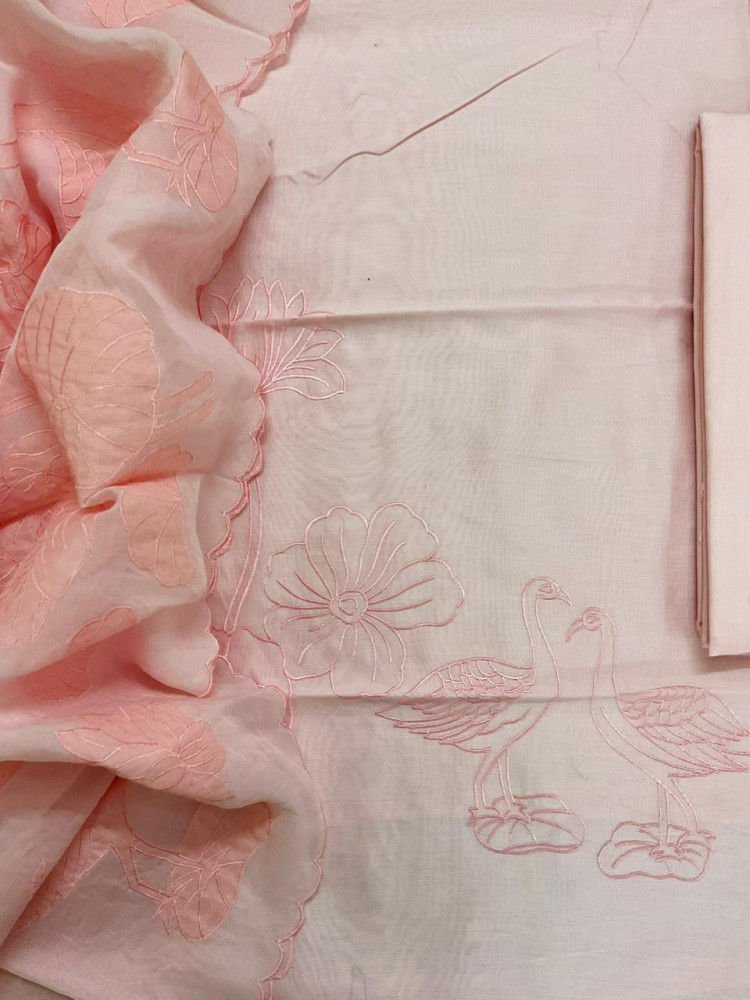Image of Pure Mul Chanderi Embroidered Suit - Peach