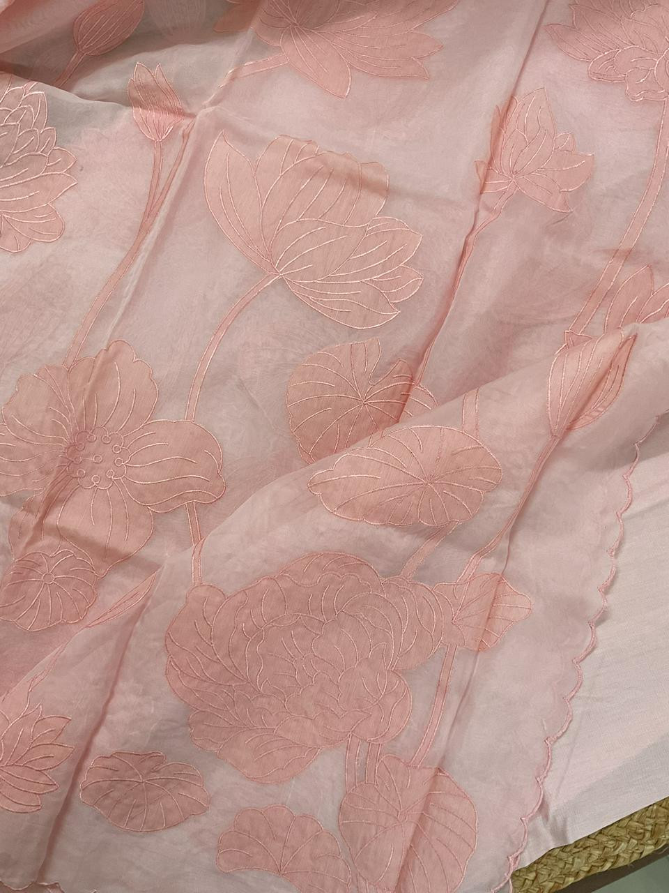 Pure Mul Chanderi Embroidered Suit - Peach