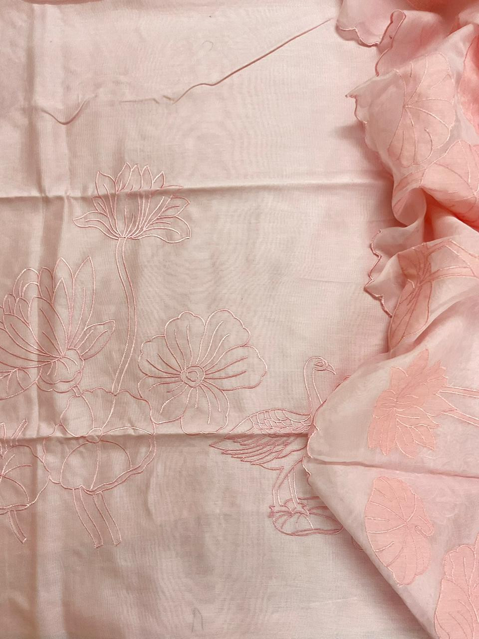 Pure Mul Chanderi Embroidered Suit - Peach