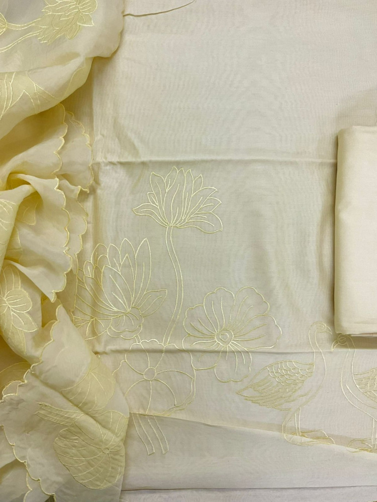 Image of Pure Mul Chanderi Embroidered Suit - Yellow