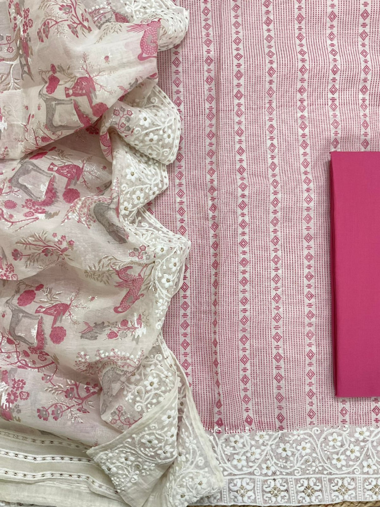 Image of Pure Chanderi Printed Embroidered Suit - Pink