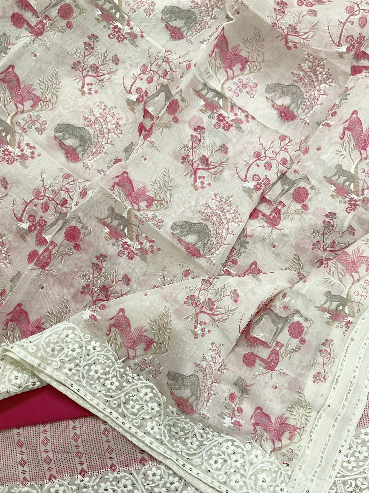 Pure Chanderi Printed Embroidered Suit - Pink