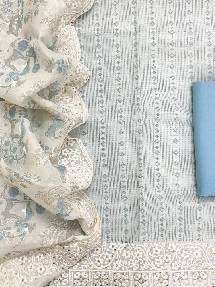 Image of Pure Chanderi Printed Embroidered Suit - Blue