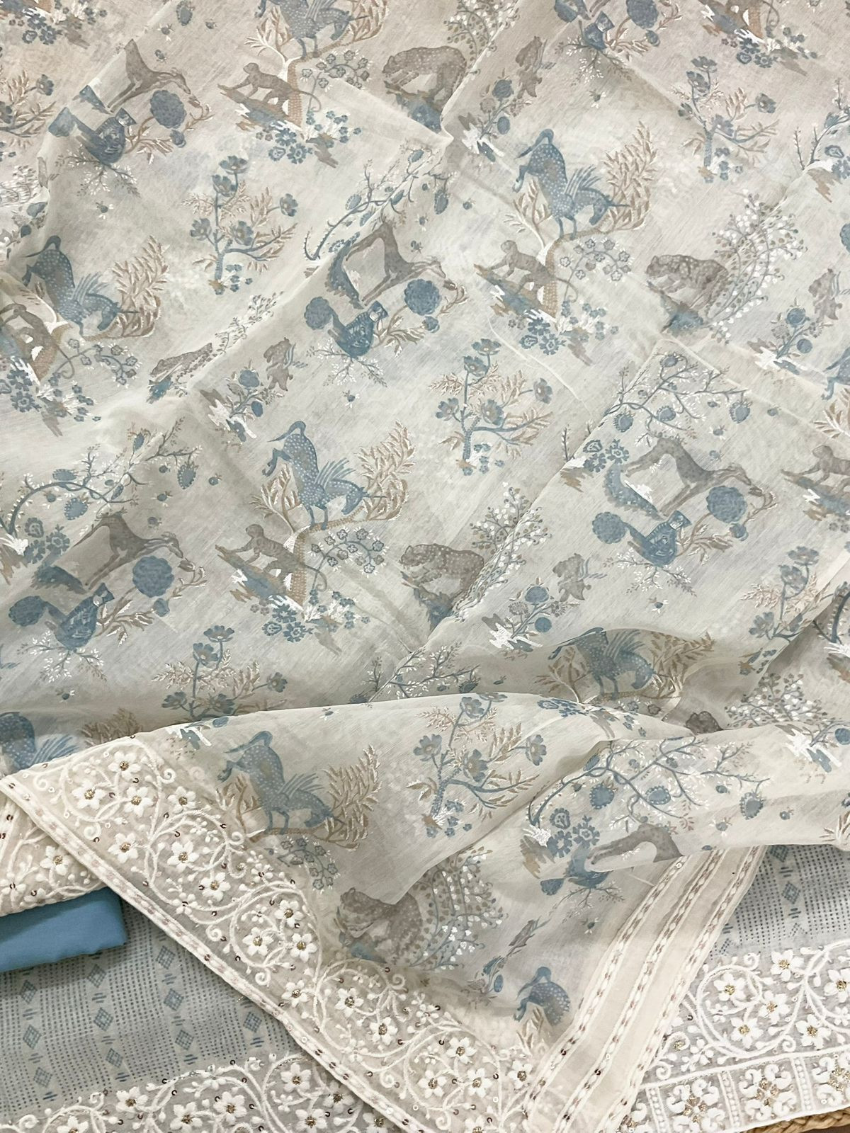 Pure Chanderi Printed Embroidered Suit - Blue