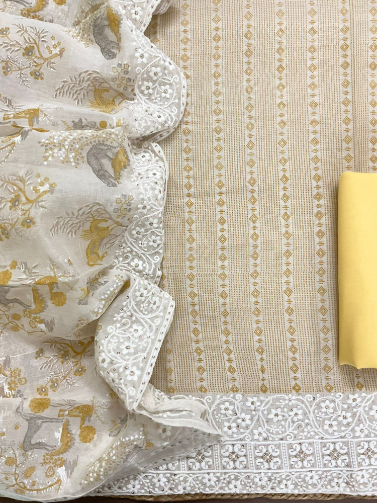 Image of Pure Chanderi Printed Embroidered Suit - Yellow