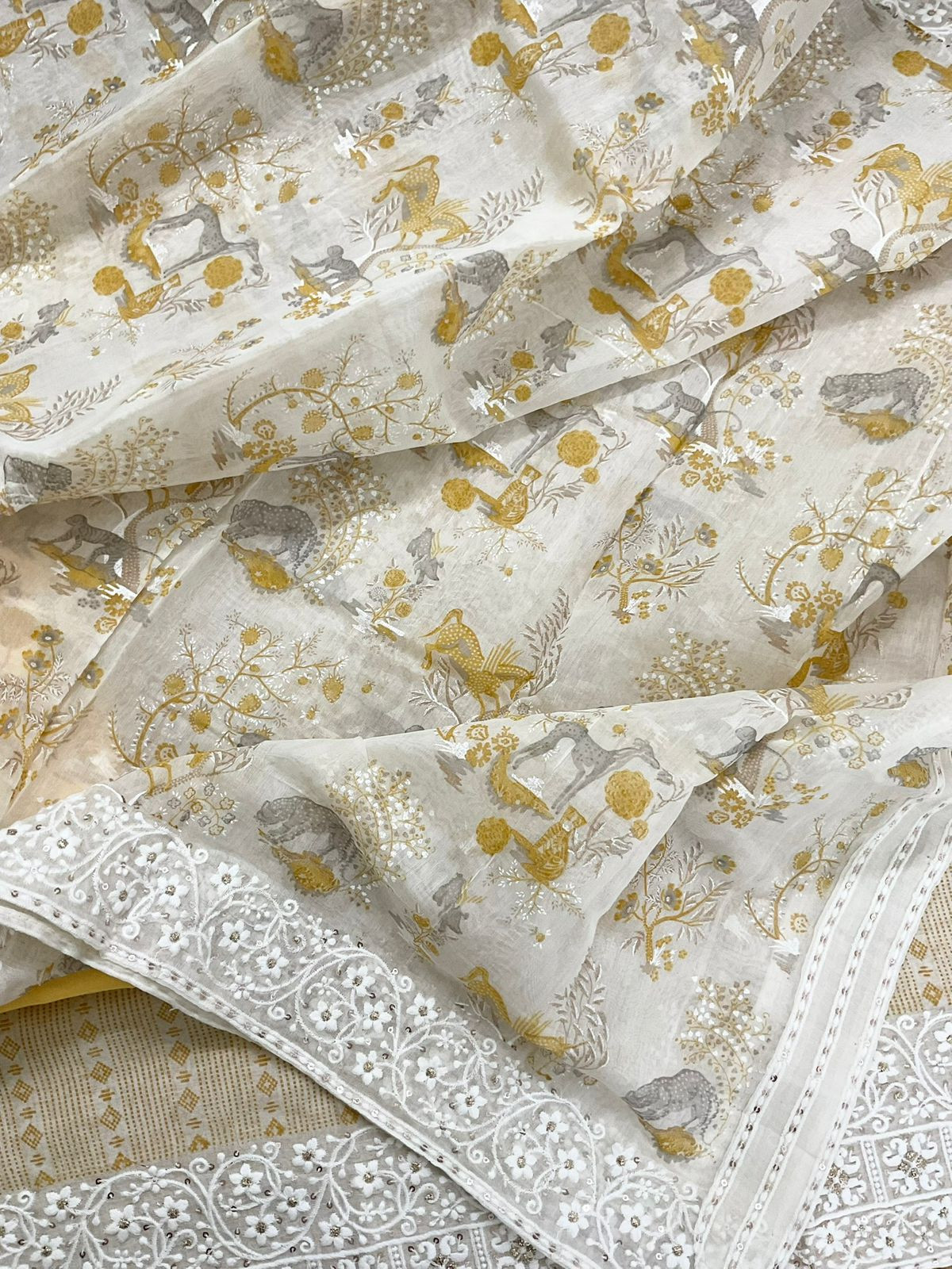 Pure Chanderi Printed Embroidered Suit - Yellow