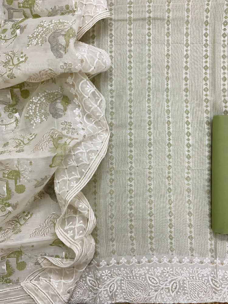 Image of Pure Chanderi Printed Embroidered Suit - Green