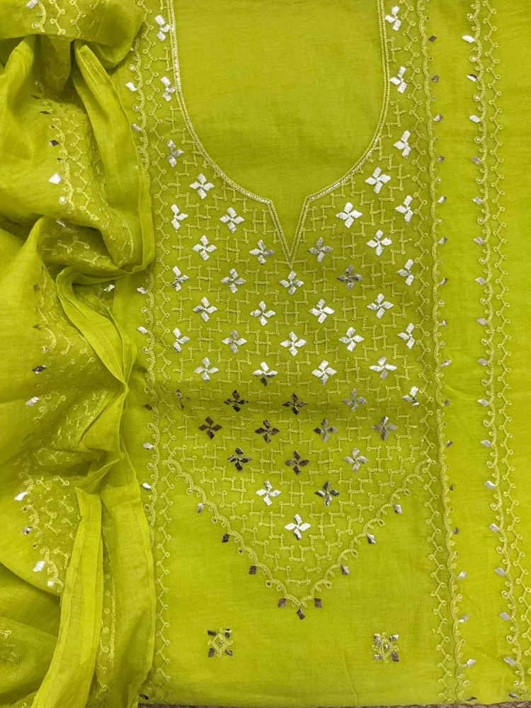 Image of Pure Chanderi Embroidered Suit - Green