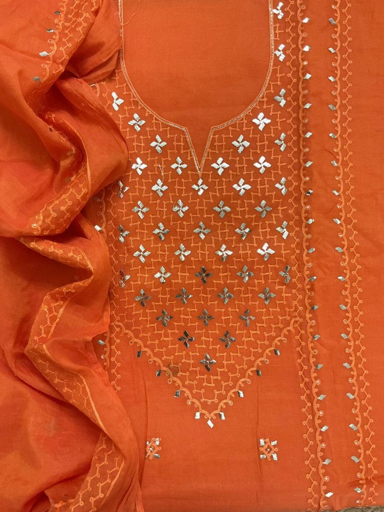 Image of Pure Chanderi Embroidered Suit - Orange
