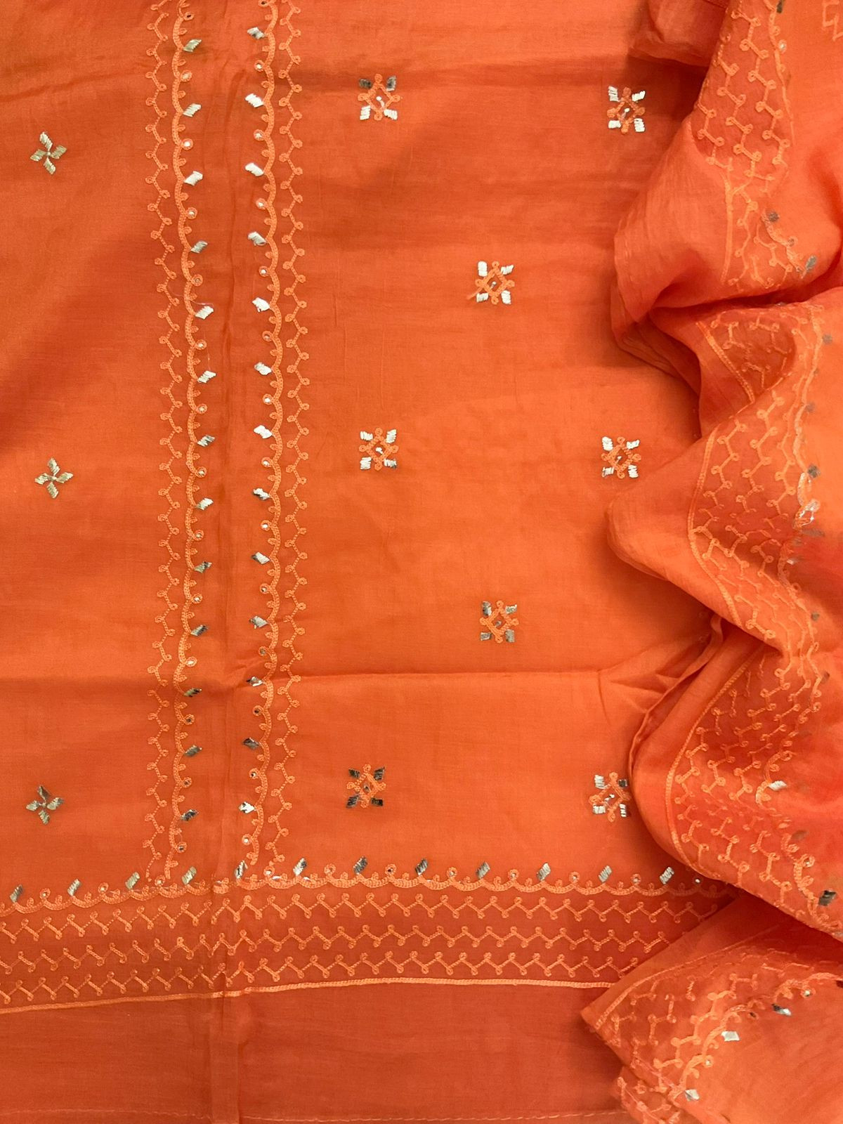 Pure Chanderi Embroidered Suit - Orange