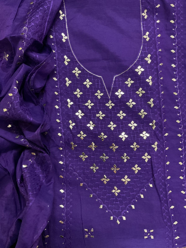 Image of Pure Chanderi Embroidered Suit - Violet