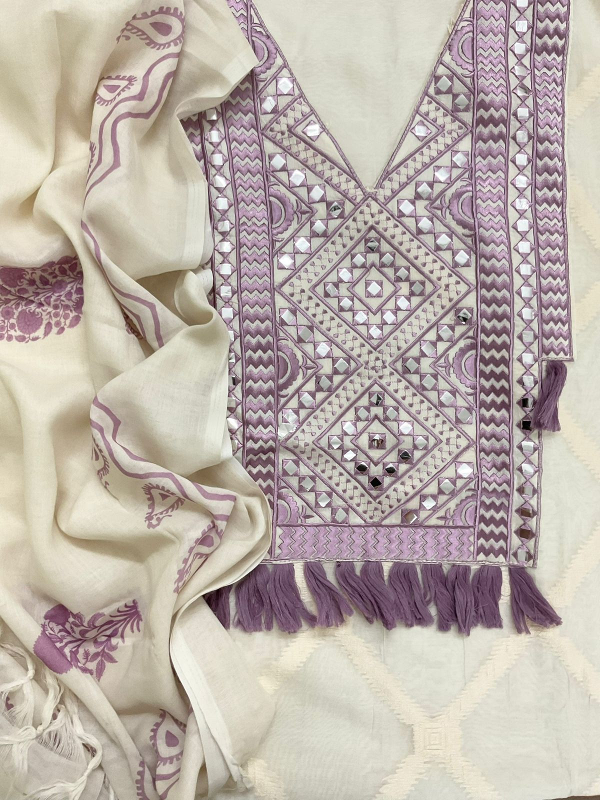 Pure Chanderi Self Weaved Embroidered Suit - Off White