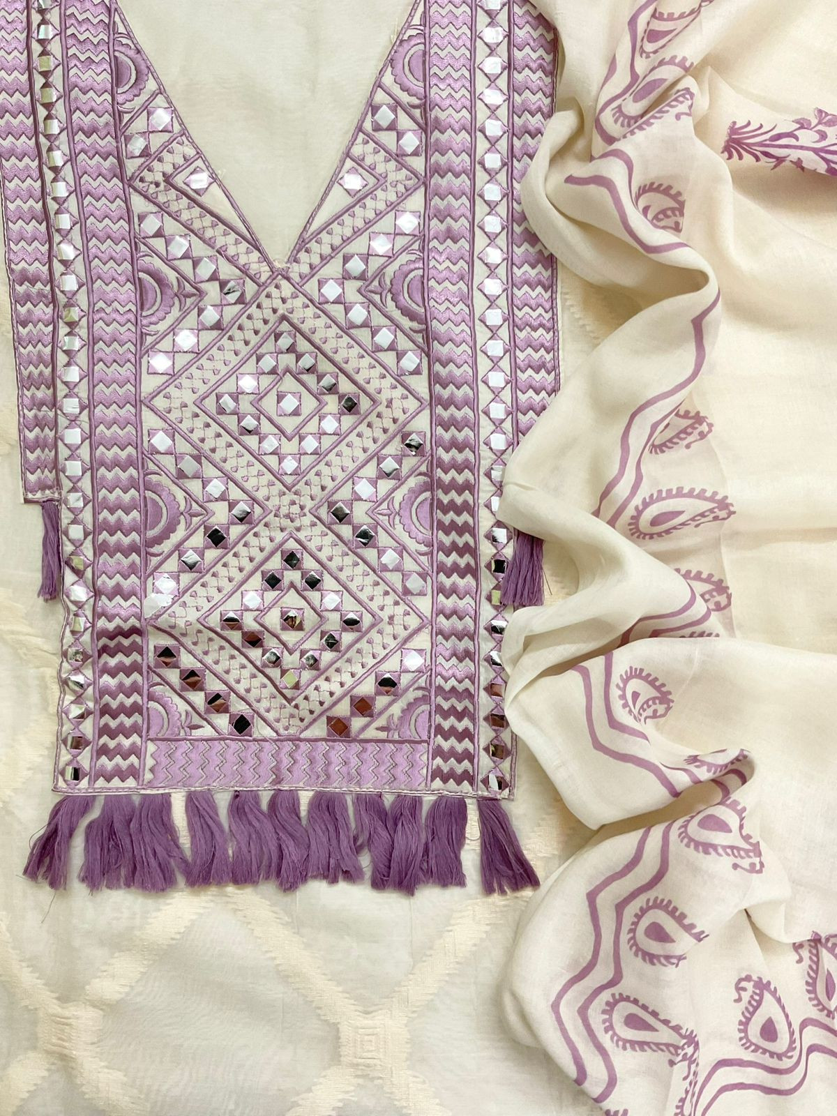 Pure Chanderi Self Weaved Embroidered Suit - Off White