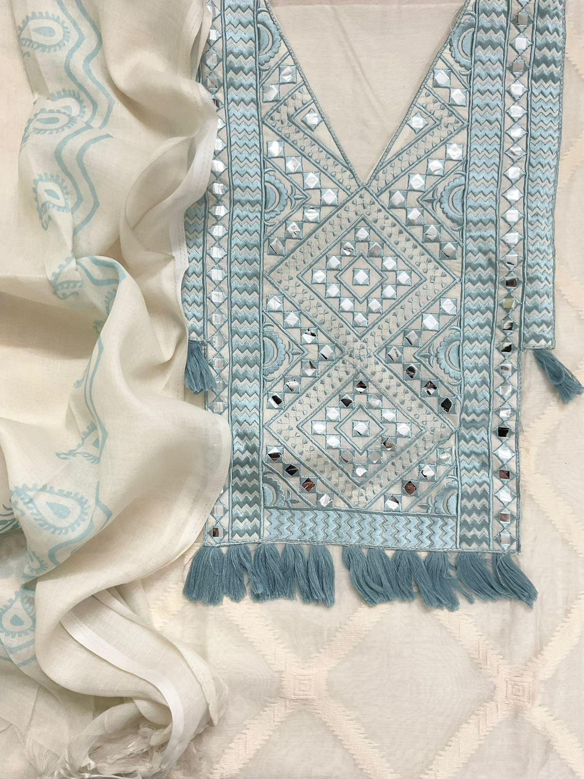 Pure Chanderi Self Weaved Embroidered Suit - Off White