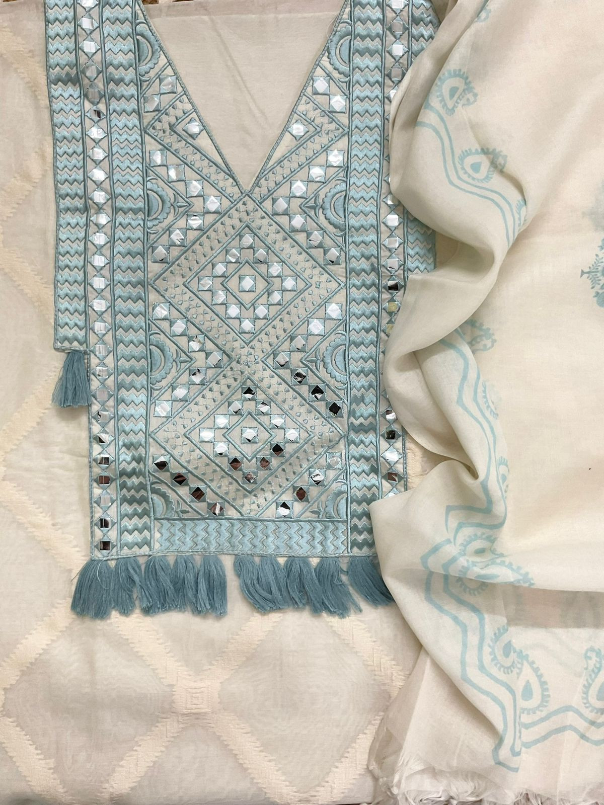 Pure Chanderi Self Weaved Embroidered Suit - Off White