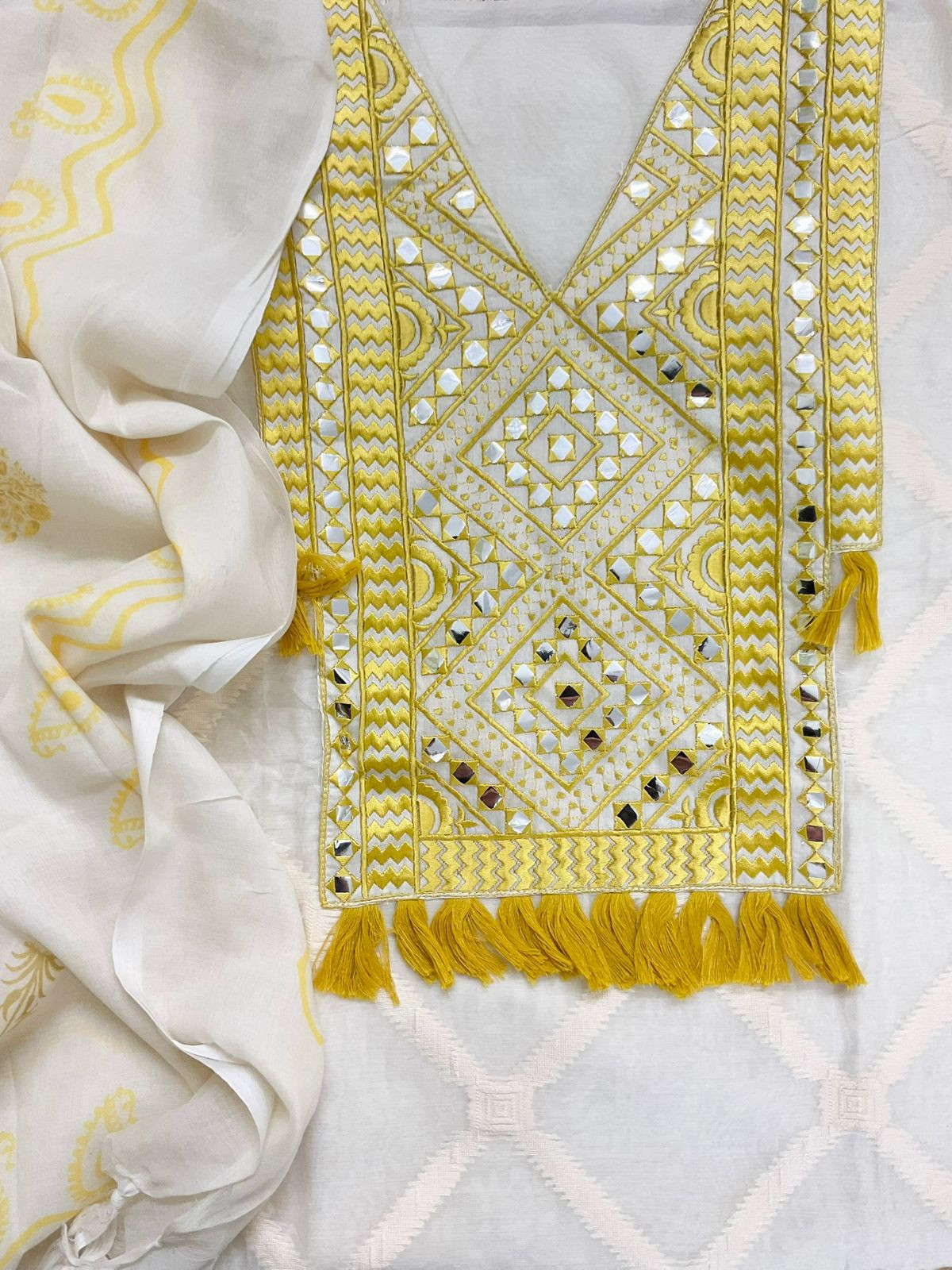 Pure Chanderi Self Weaved Embroidered Suit - Off White