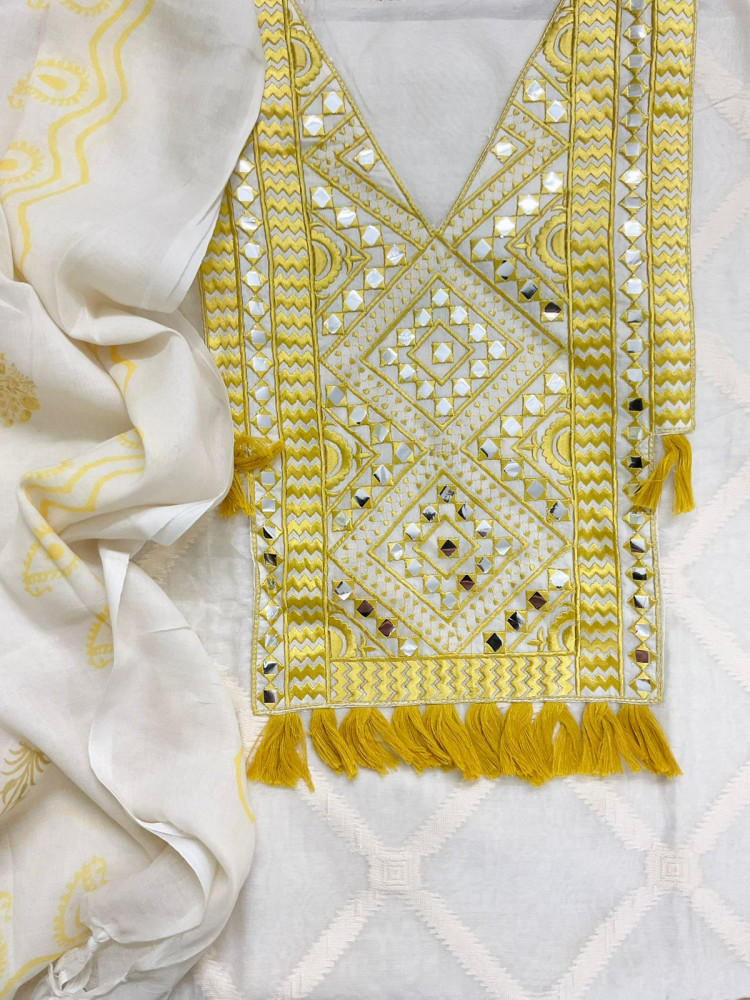 Image of Pure Chanderi Self Weaved Embroidered Suit - Off White