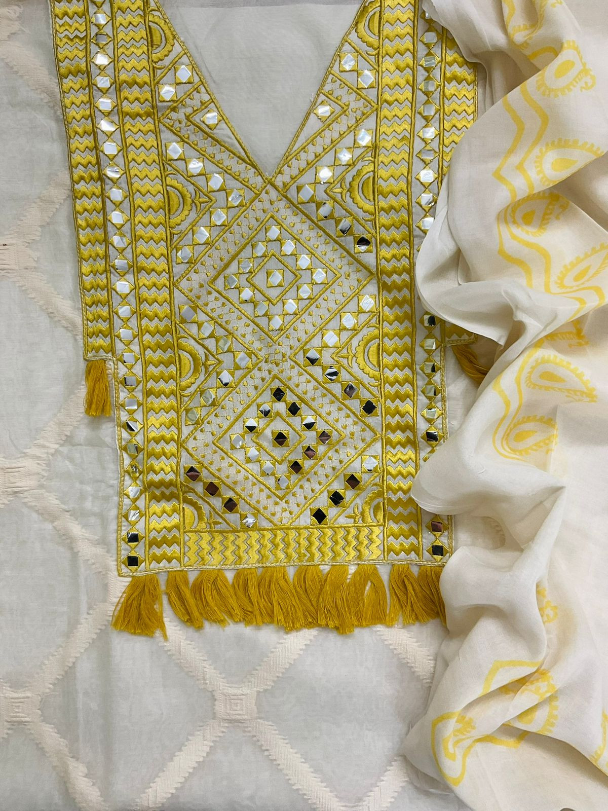 Pure Chanderi Self Weaved Embroidered Suit - Off White