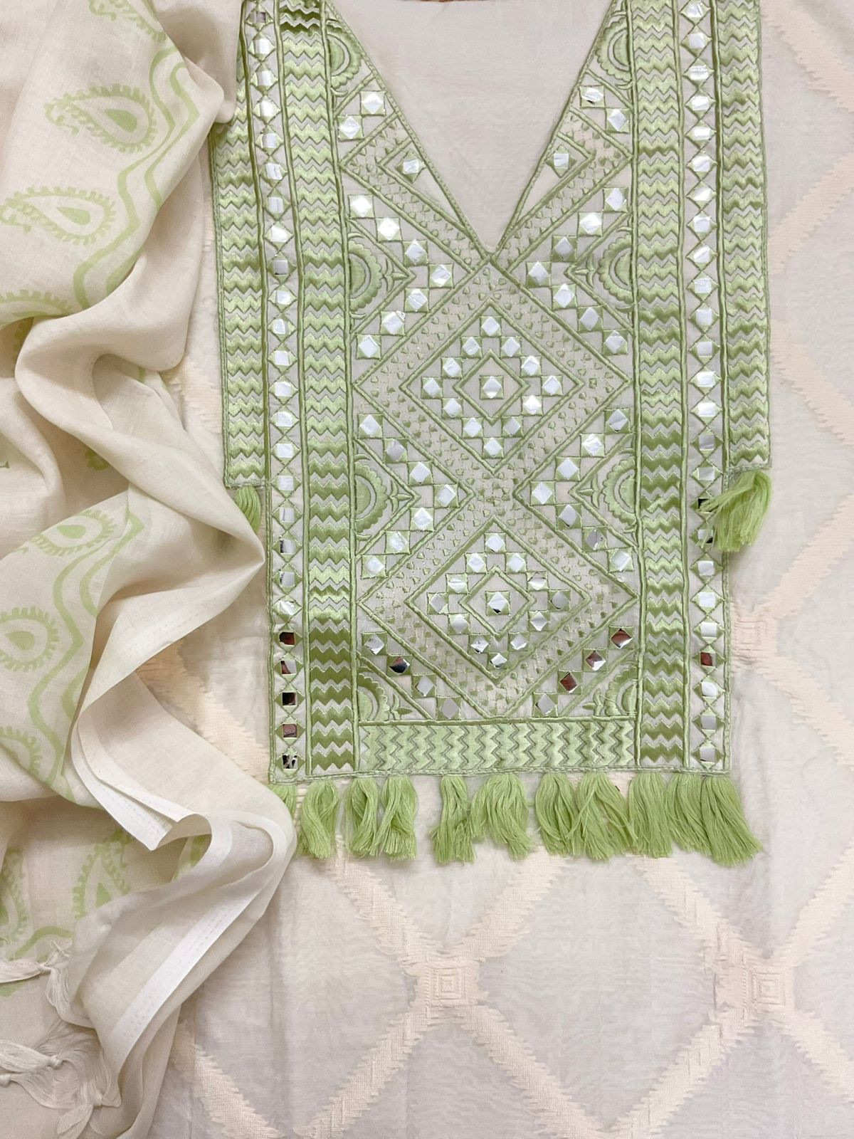 Pure Chanderi Self Weaved Embroidered Suit - Off White