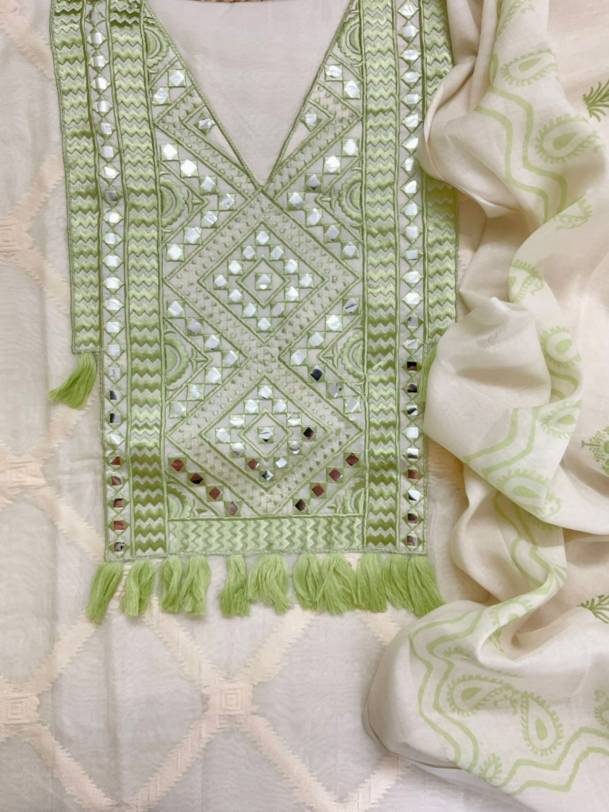 Pure Chanderi Self Weaved Embroidered Suit - Off White