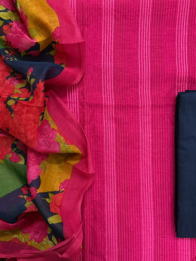 Image of Pure Chanderi Printed Embroidered Suit - Pink