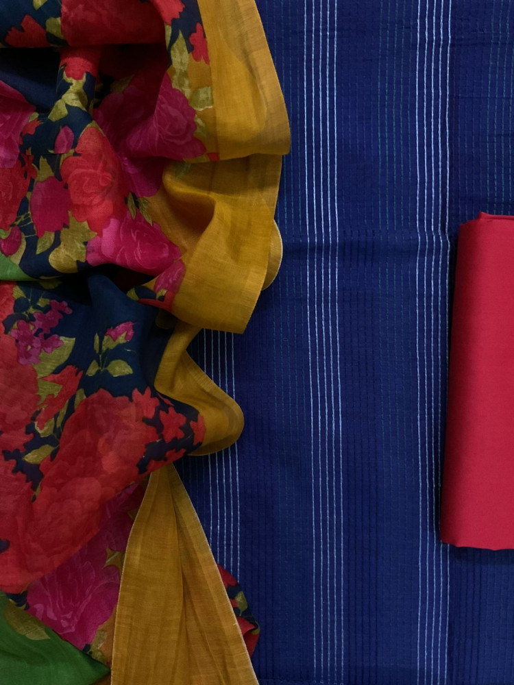 Image of Pure Chanderi Printed Embroidered Suit - Blue