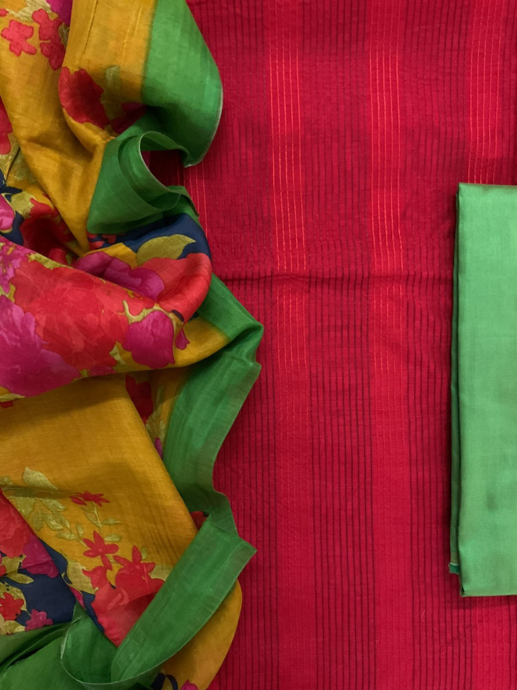Image of Pure Chanderi Printed Embroidered Suit - Red