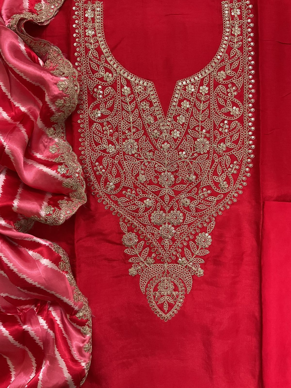 Soft Dola Silk Printed Embroidered Suit - Organish Red